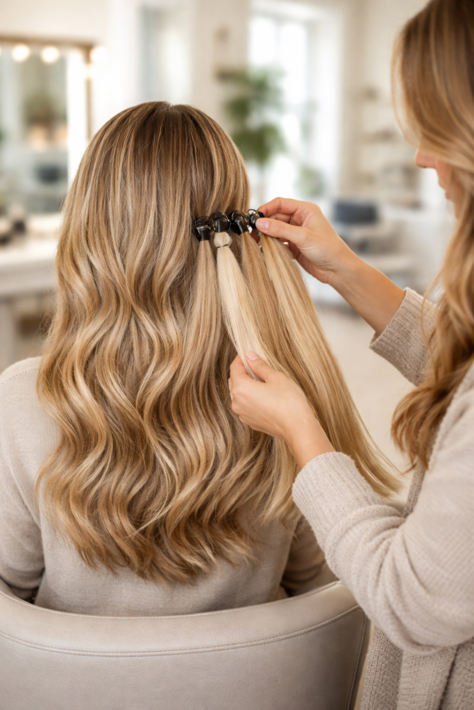 This image beautifully shows how our hairdressers can match your exact colour to the extensions that you want.